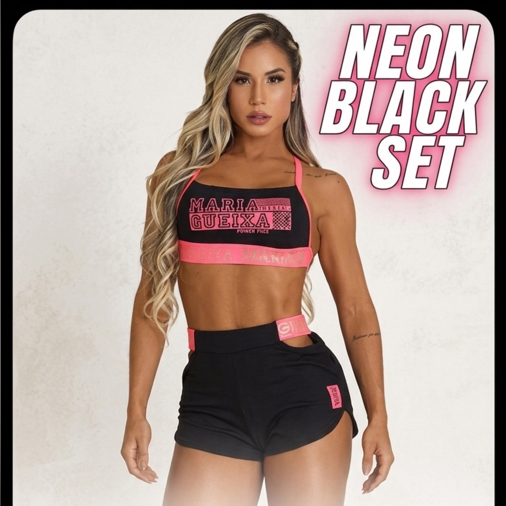 Maria Gueixa Neon Pink Black Logo Set Brazilian Fitness Crop Top Shorts S